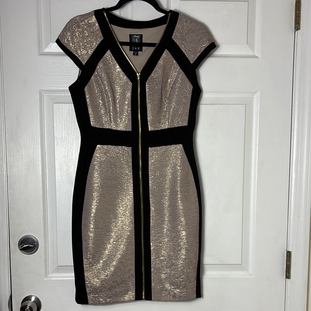 JAX Black and Gold Shimmer Cap Sleeve Bodycon Front Zip Dress Size 6 Stretchy